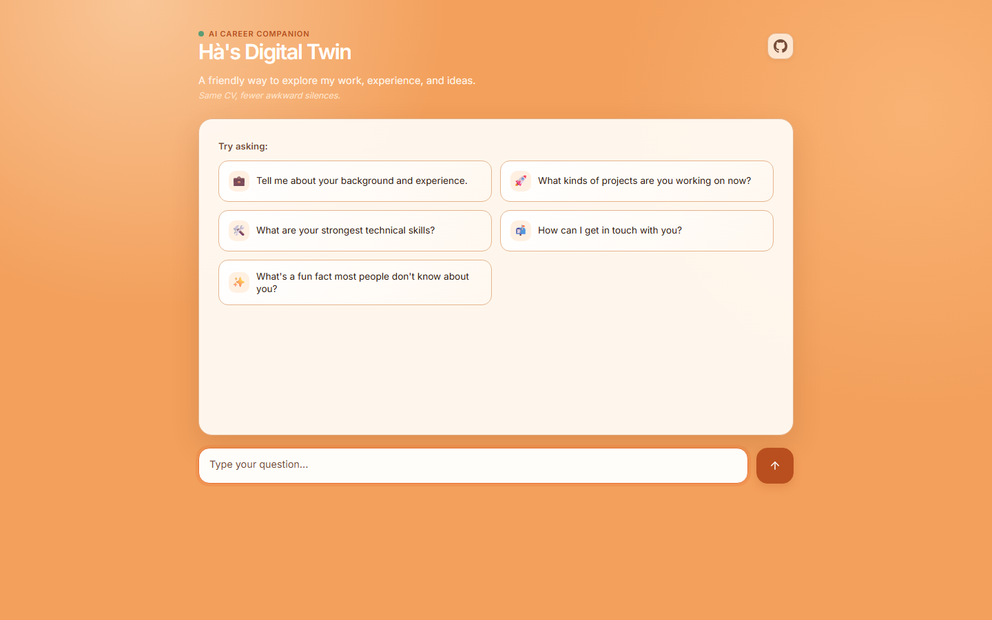 The twin chat page, with suggested questions about my background, current projects, skills, and how to get in touch